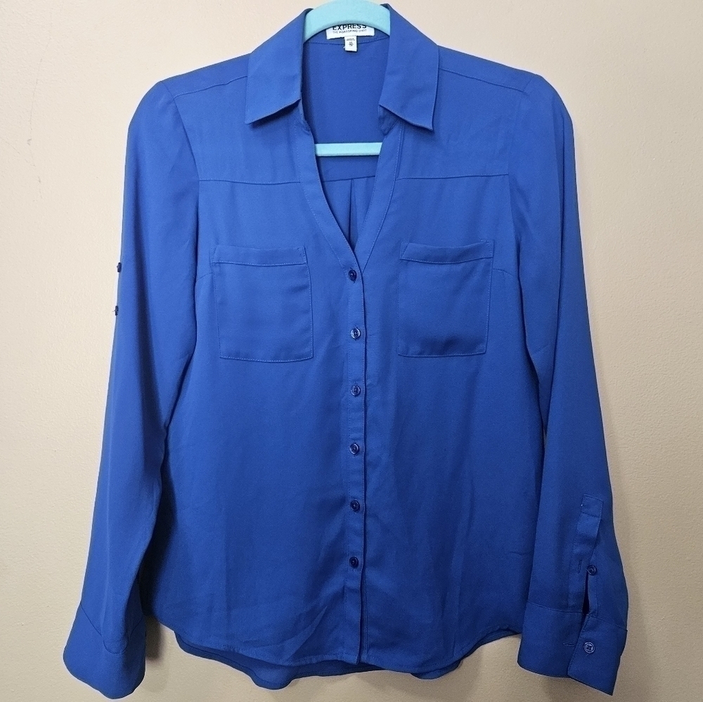 Express Portofino Shirt Women's Size XS Royal Blue Roll Tab Sleeve
